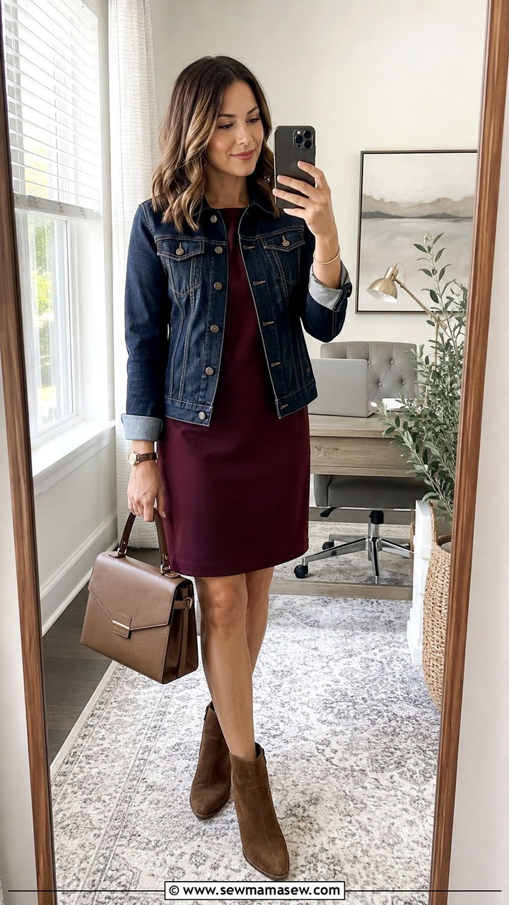 Denim jacket over a shift dress for office wear - 30 How to style a denim jacket for work