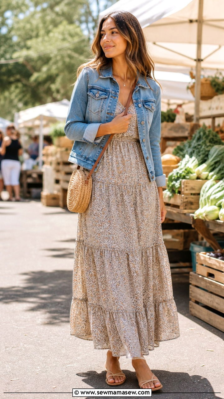 Denim jacket over a tiered maxi dress - 40 classy outfits for women