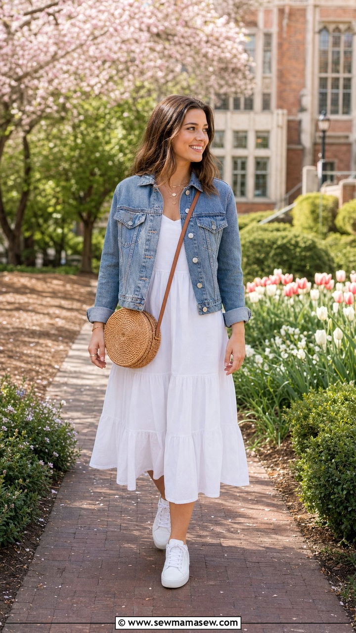 Denim jacket over a white dress - 25 Clean girl outfits for college