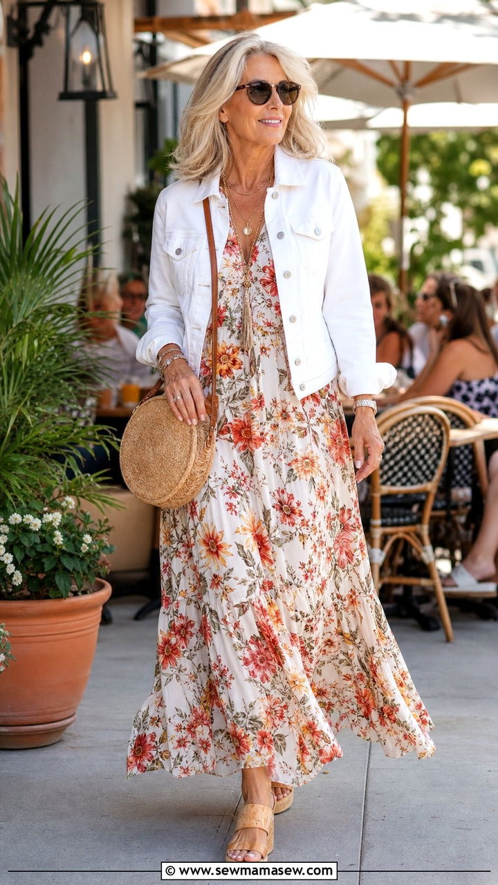 Denim jacket over floral maxi dress with wedges - 25 Cover up outfit ideas for women over 50