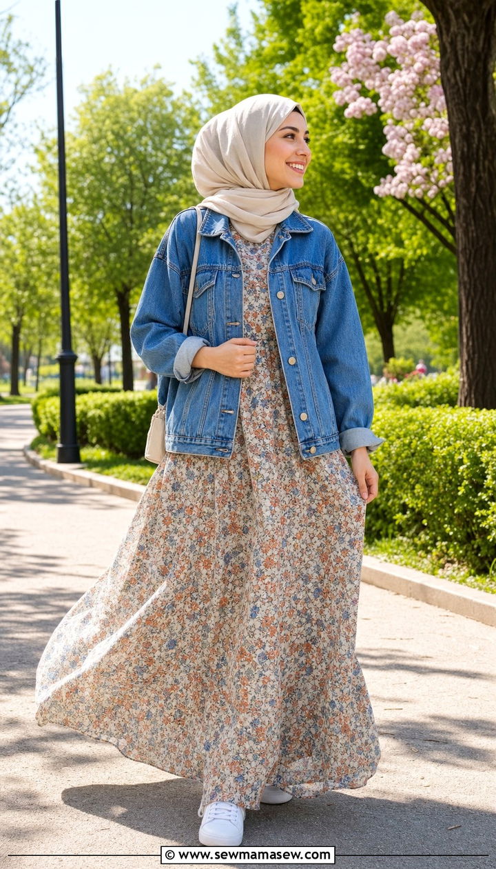 Denim jacket over floral maxi dress with white sneakers - 25 classy outfits for hijab women
