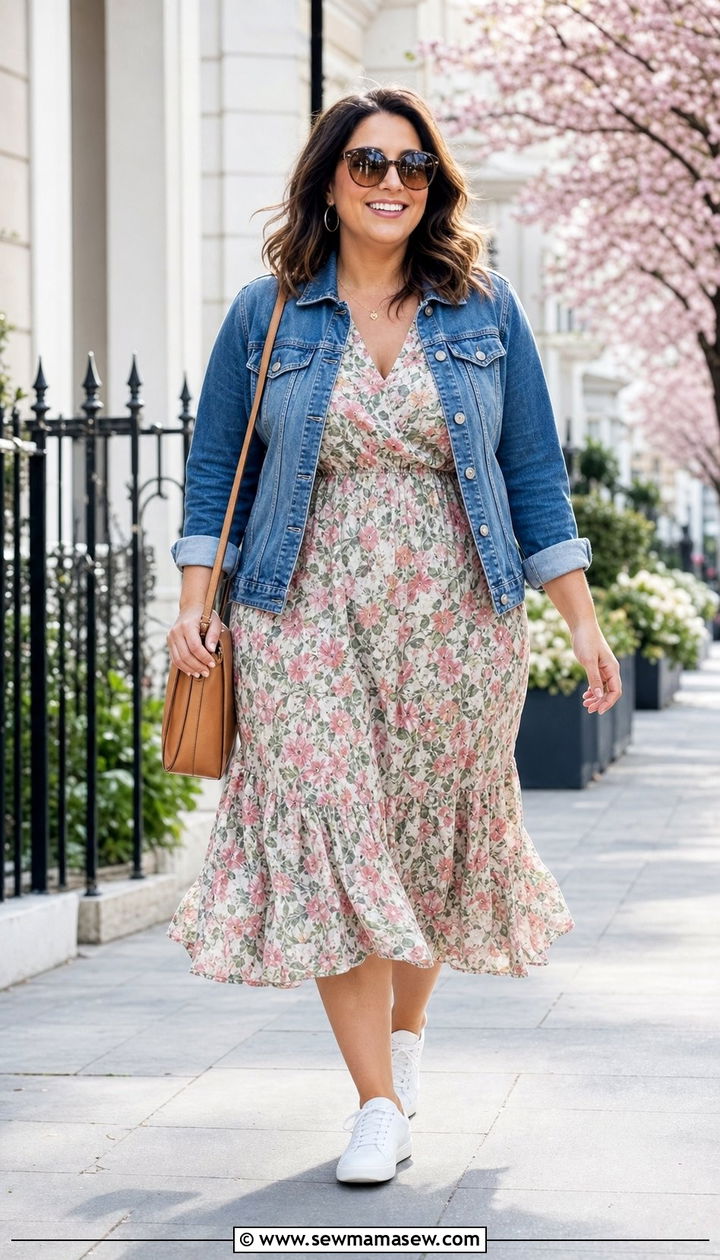Denim jacket over floral midi dress - 25 Spring outfits for apple shape