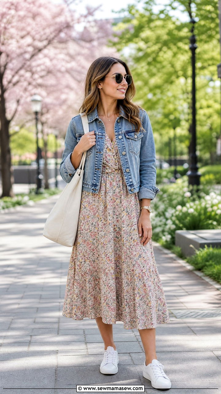 Denim jacket over floral midi dress - 30 Spring capsule wardrobe for work