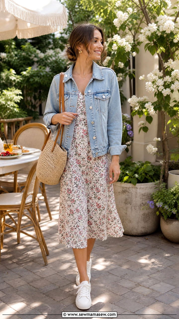 Denim jacket over floral midi dress - 30 summer outfits for modest women