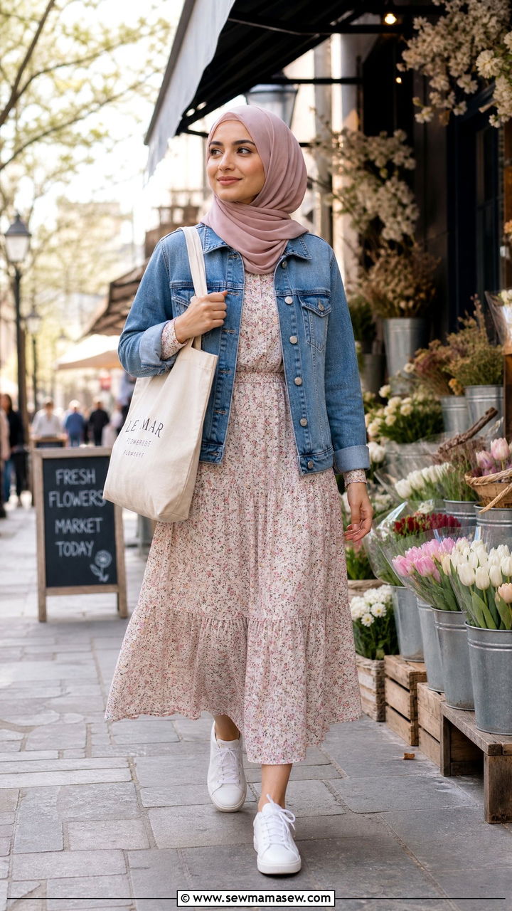 Denim jacket over floral midi dress and sneakers - 30 Modest capsule wardrobe 2026