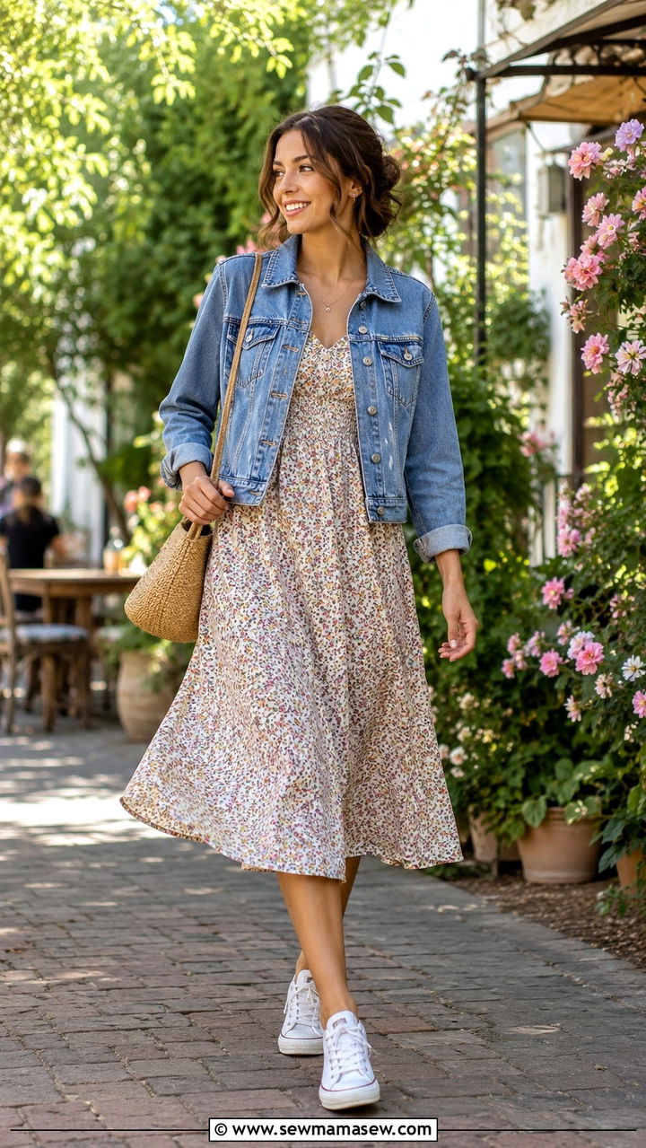 Denim jacket over floral midi dress outfit - 20 casual librarian core outfits