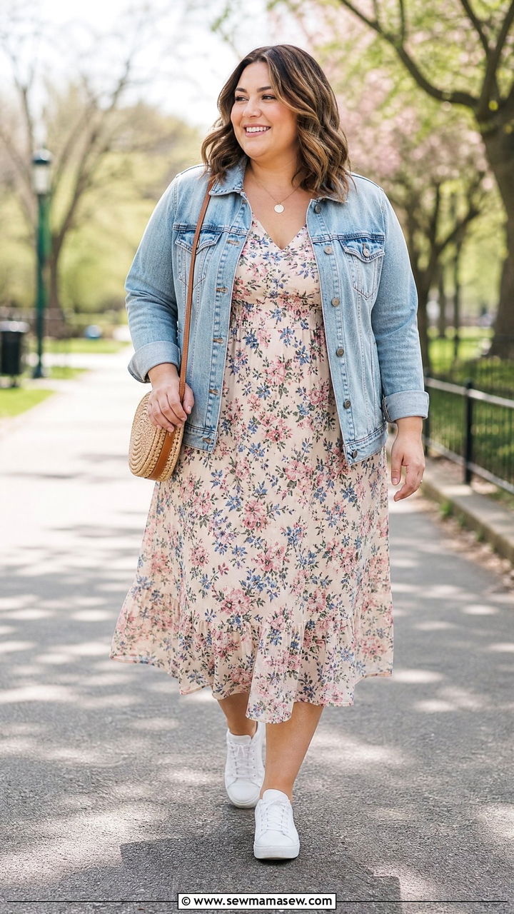 Denim jacket over floral midi dress outfit for women with tummy - 25 casual outfits for women with tummy