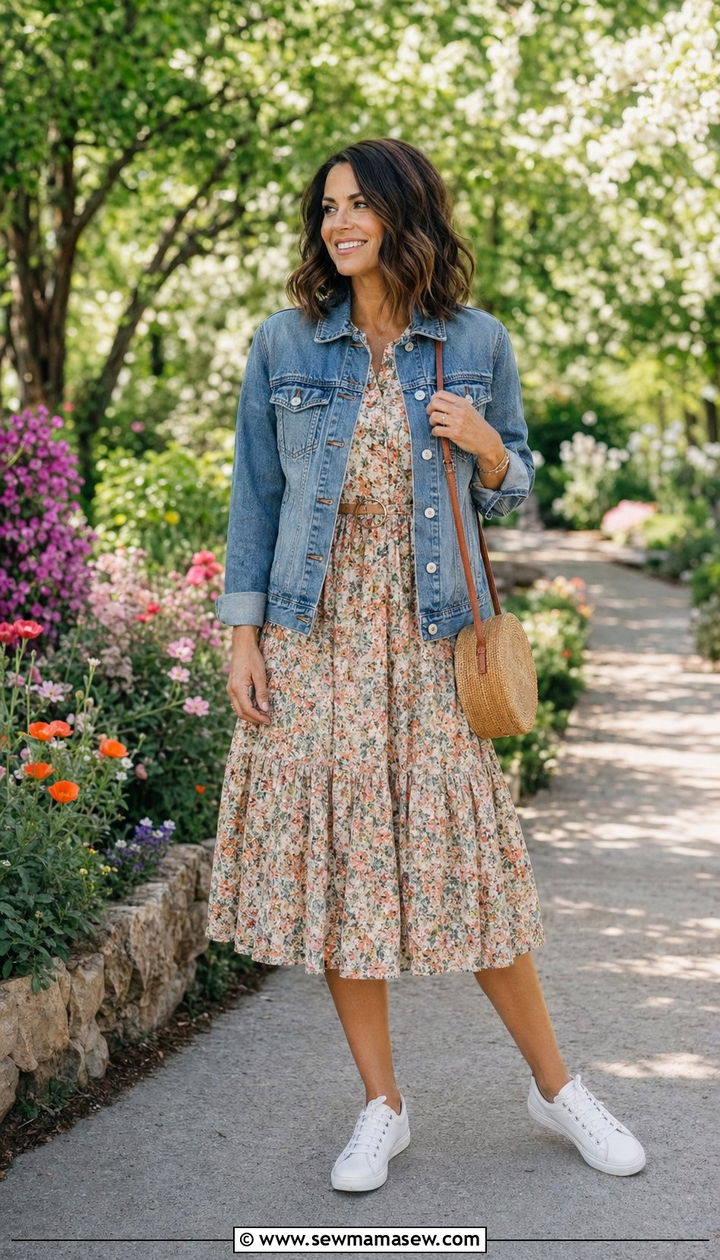 Denim jacket over floral midi dress outfit - 35 Ageless outfit ideas