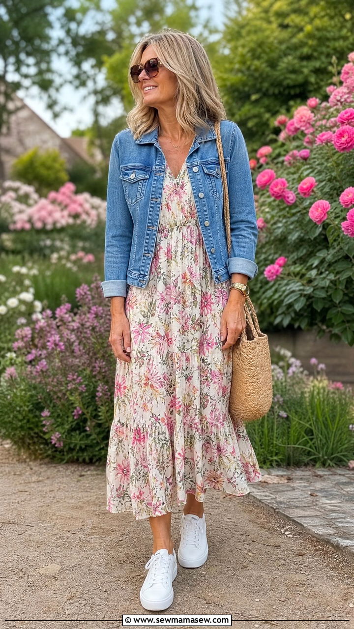 Denim jacket over floral midi dress with flats - 30 parisian outfit ideas for women over 40