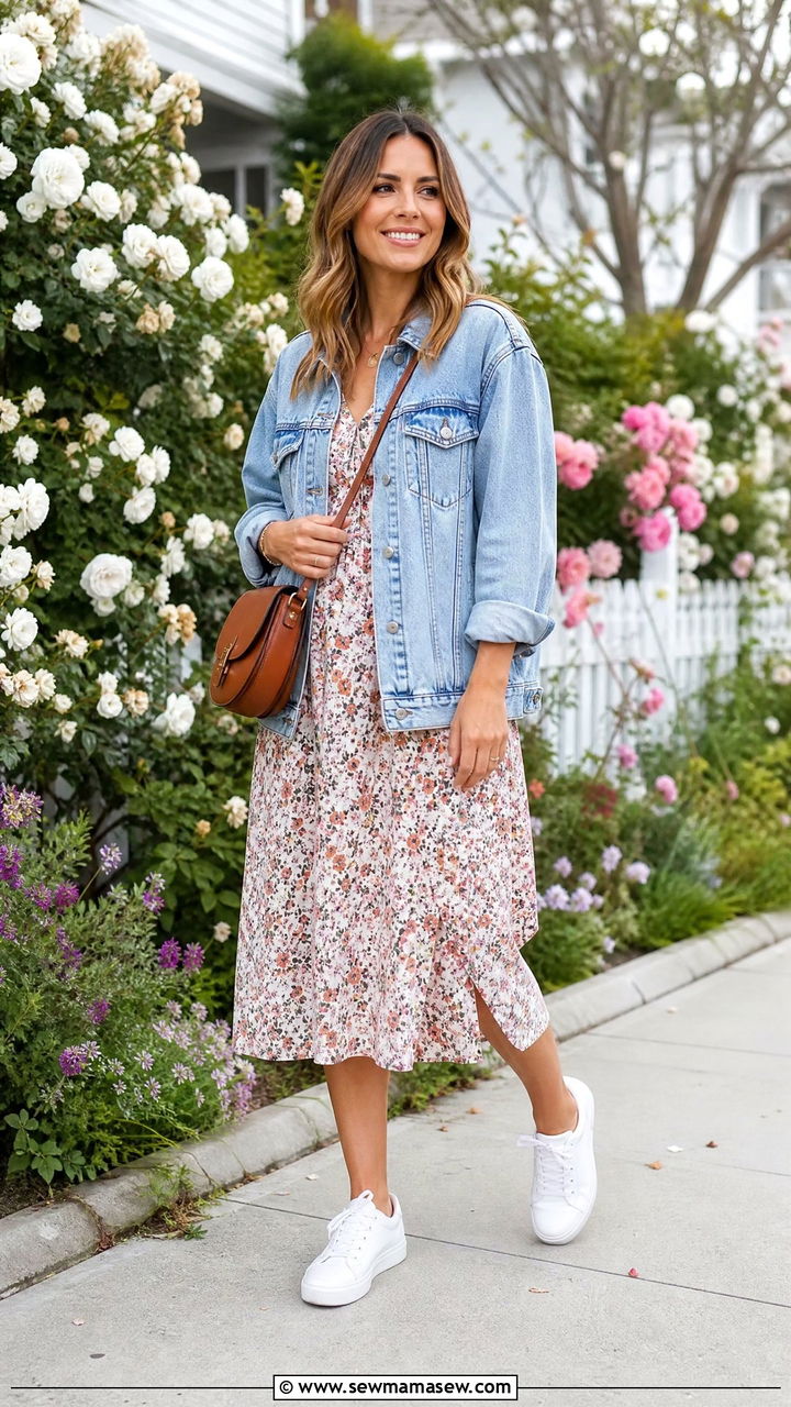 Denim jacket over floral midi dress with sneakers - 20 Spring outfits for 60-70 degree weather