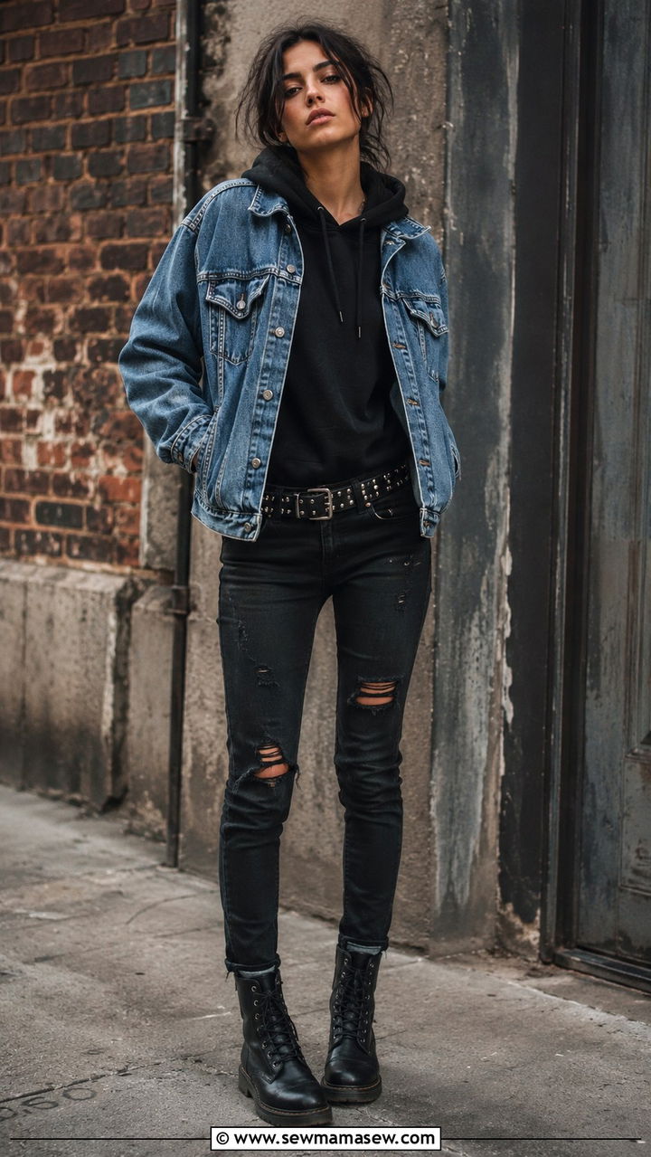 Denim jacket over hoodie with black skinny jeans - 30 grunge outfits to copy