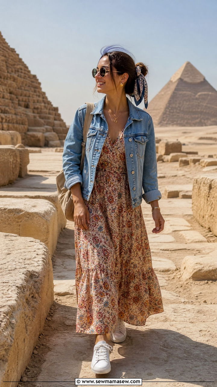 Denim jacket over maxi dress Egypt - 30 Egypt vacation outfit ideas modest