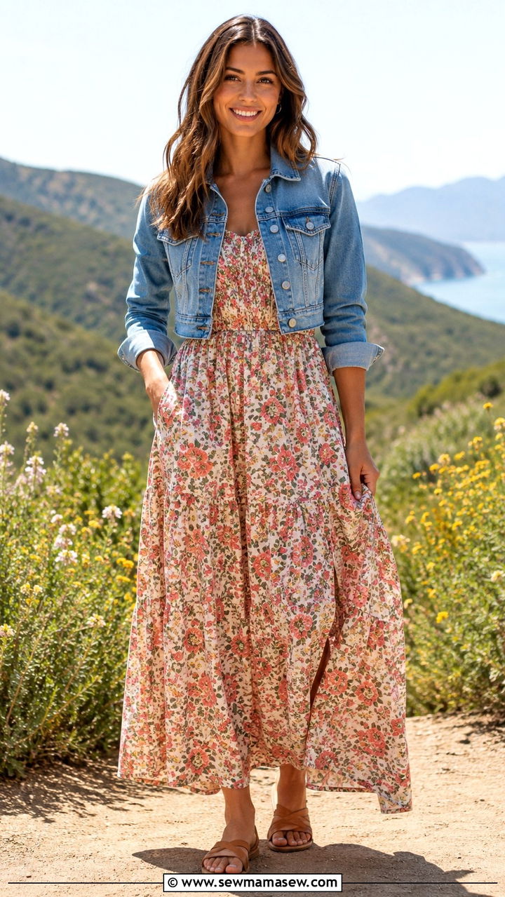 Denim jacket over maxi dress outfit - 30 Outfit ideas for athletic build