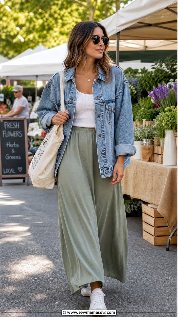 Denim jacket over maxi skirt outfit - 30 Cozy spring outfit ideas 2026
