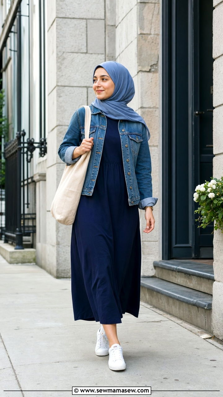 Denim jacket over midi dress hijab - 25 summer outfits for hijab women
