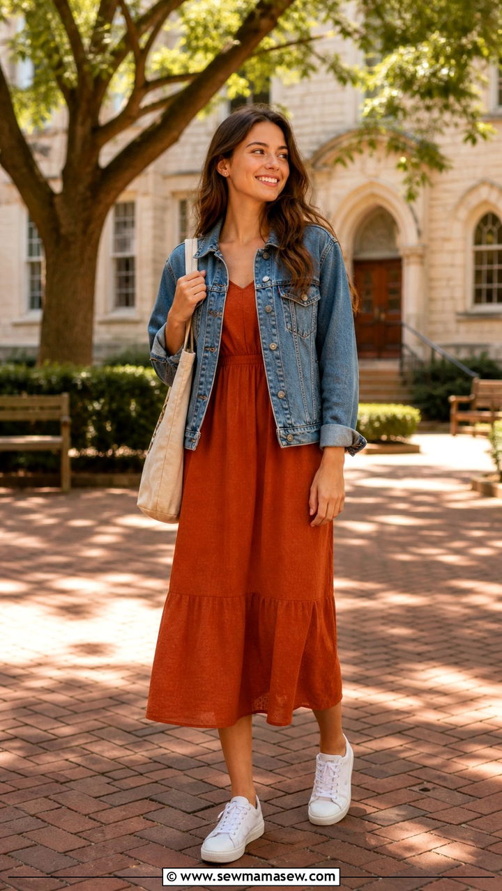 Denim jacket over midi dress outfit - 40 school outfits