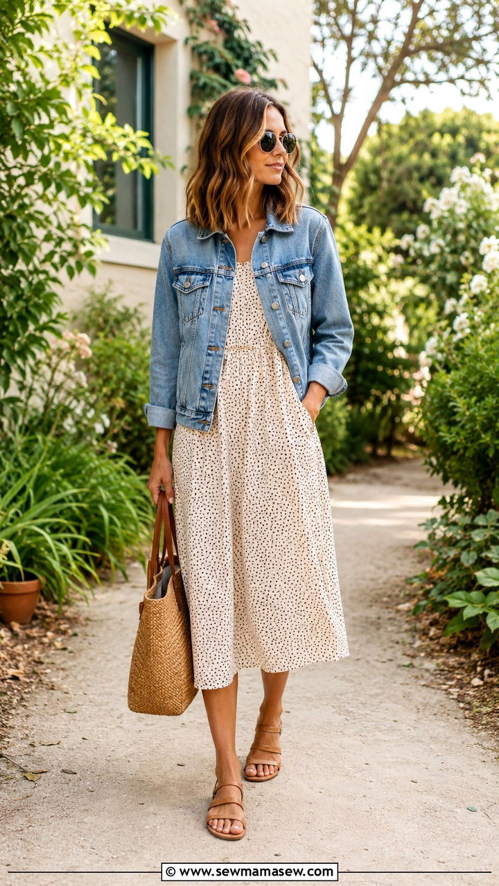 Denim jacket over midi dress travel outfit - 30 Minimalist outfit ideas for travel