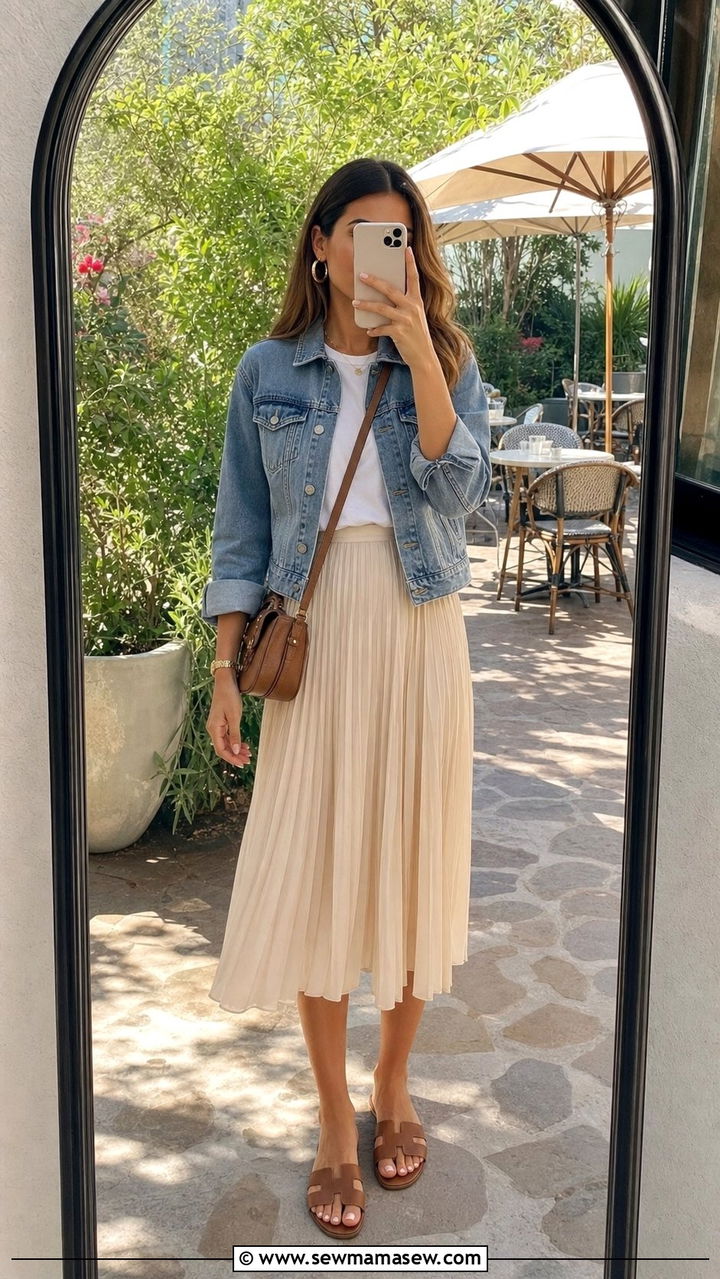 Denim jacket over pleated midi skirt brunch outfit - 35 Brunch outfits for tall women