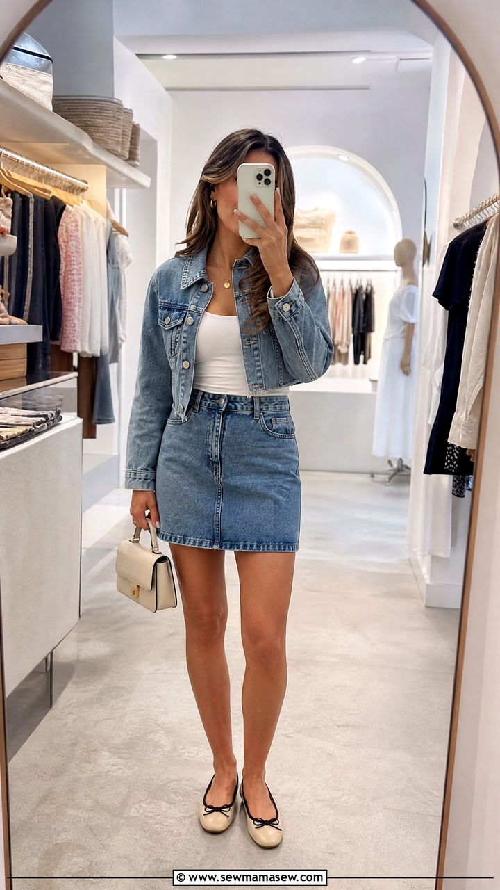 Denim jacket with A line mini skirt and ballet flats - 35 How to style a denim jacket in summer