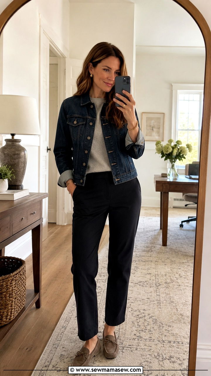 Denim jacket with a cashmere sweater and work pants - 30 How to style a denim jacket for work