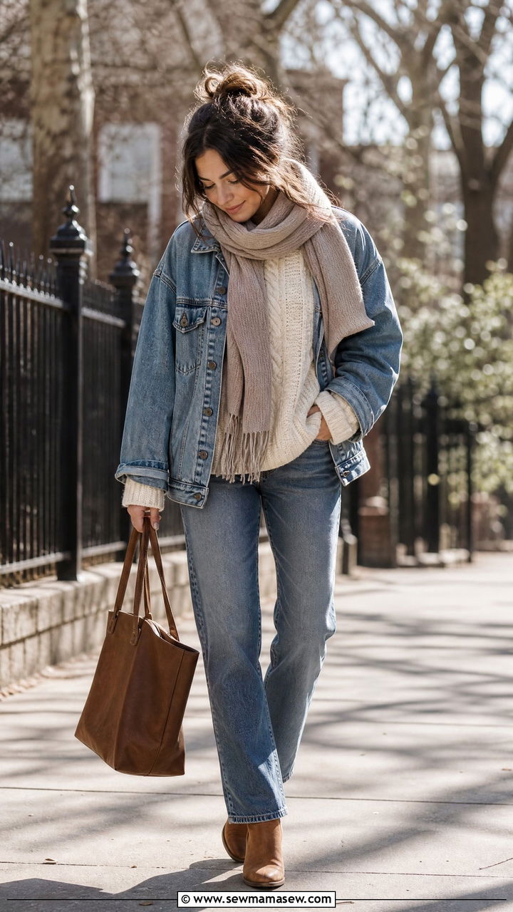 Denim jacket with a chunky knit sweater outfit - 35 How to style a denim jacket in spring