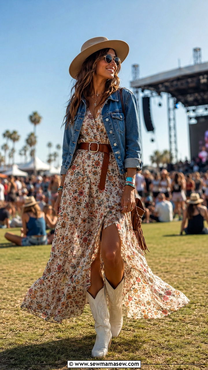 Denim jacket with a floral maxi dress and cowboy boots - 30 Spring capsule wardrobe