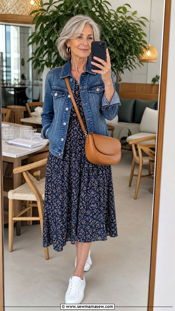 Denim jacket with a floral midi dress - 30 French girl outfit ideas for women over 60