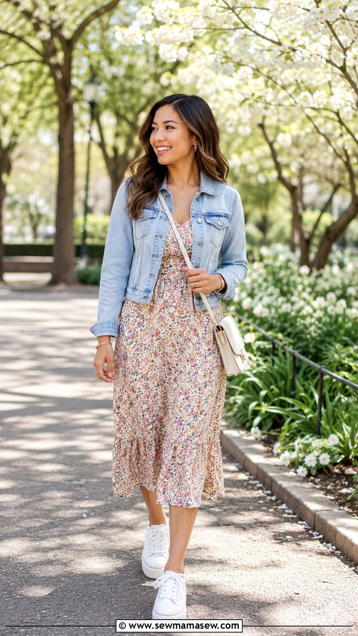 Denim jacket with a floral midi dress and white platform sneakers - 25 Petite outfit ideas affordable