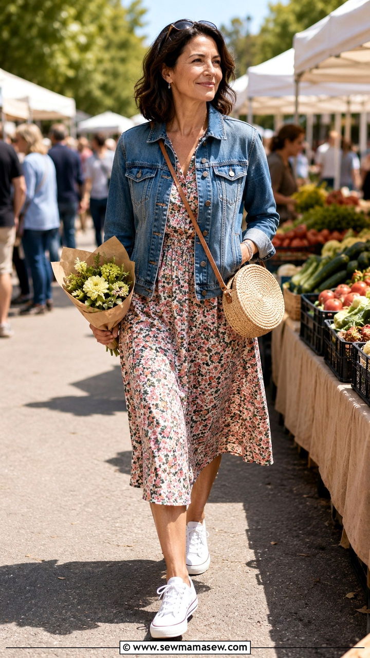 Denim jacket with a floral midi dress outfit - 30 Outfit ideas for women over 40 errands