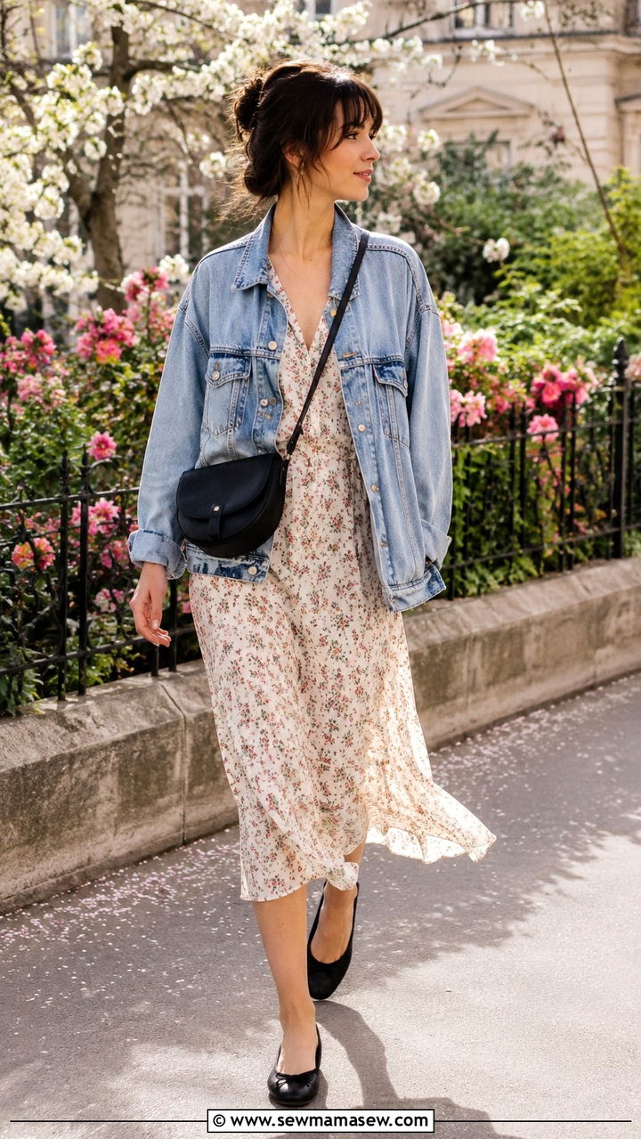 Denim jacket with a floral tea dress and ballet flats - 20 French girl outfit ideas Francoise Hardy
