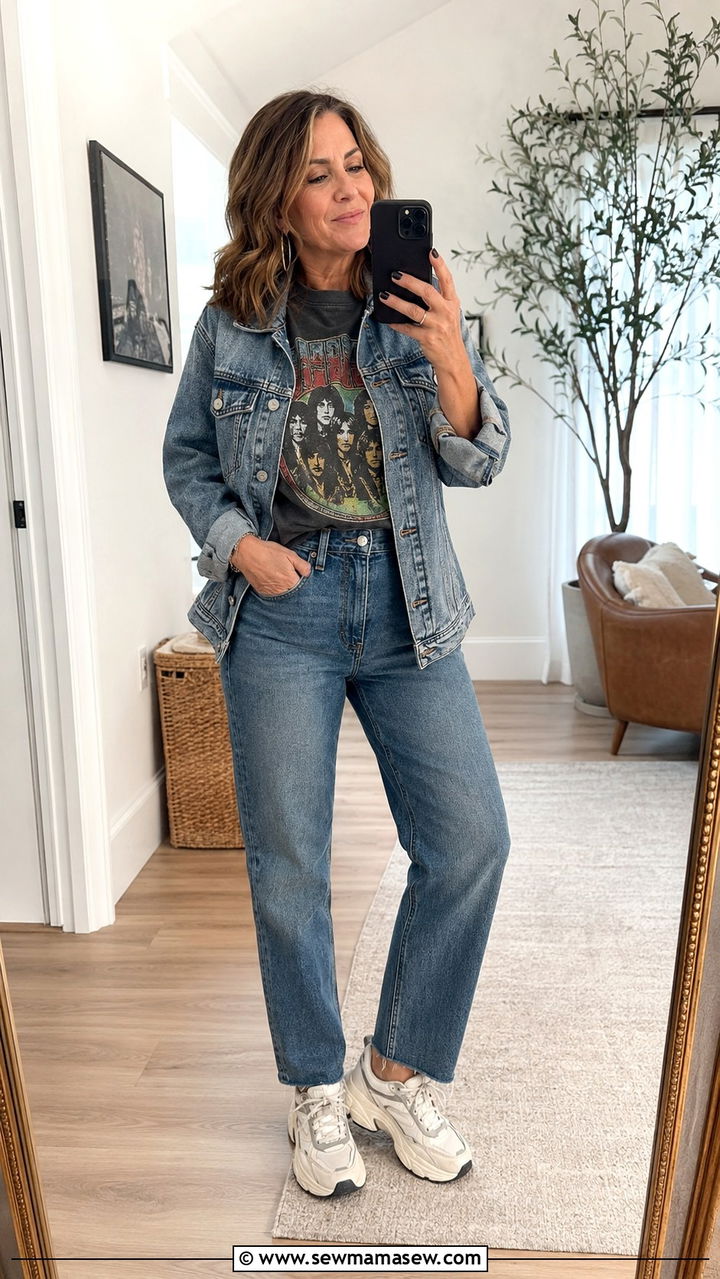 Denim jacket with a graphic tee and jeans outfit - 30 How to style a denim jacket over 40