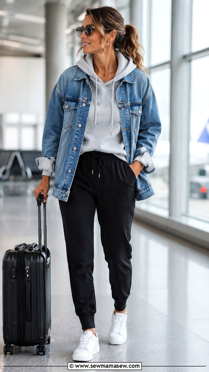 Denim jacket with a hoodie and joggers outfit - 30 How to style a denim jacket over 40
