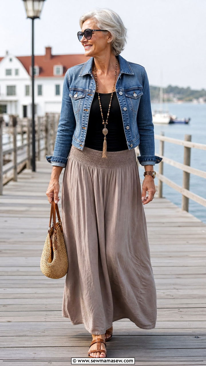 Denim jacket with a maxi skirt and fitted tank - 25 How to style a denim jacket over 60