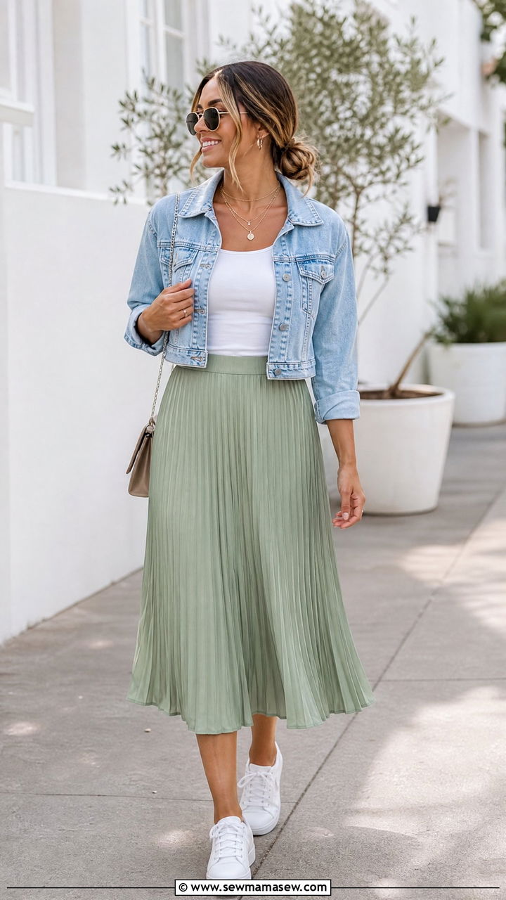 Denim jacket with a pleated midi skirt - 30 summer denim jacket outfit ideas