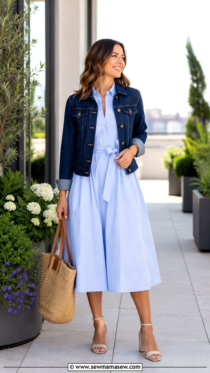 Denim jacket with a poplin dress for a crisp office look - 30 How to style a denim jacket for work