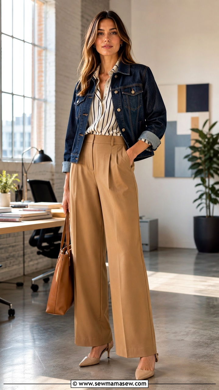 Denim jacket with a printed blouse and wide leg pants - 30 How to style a denim jacket for work
