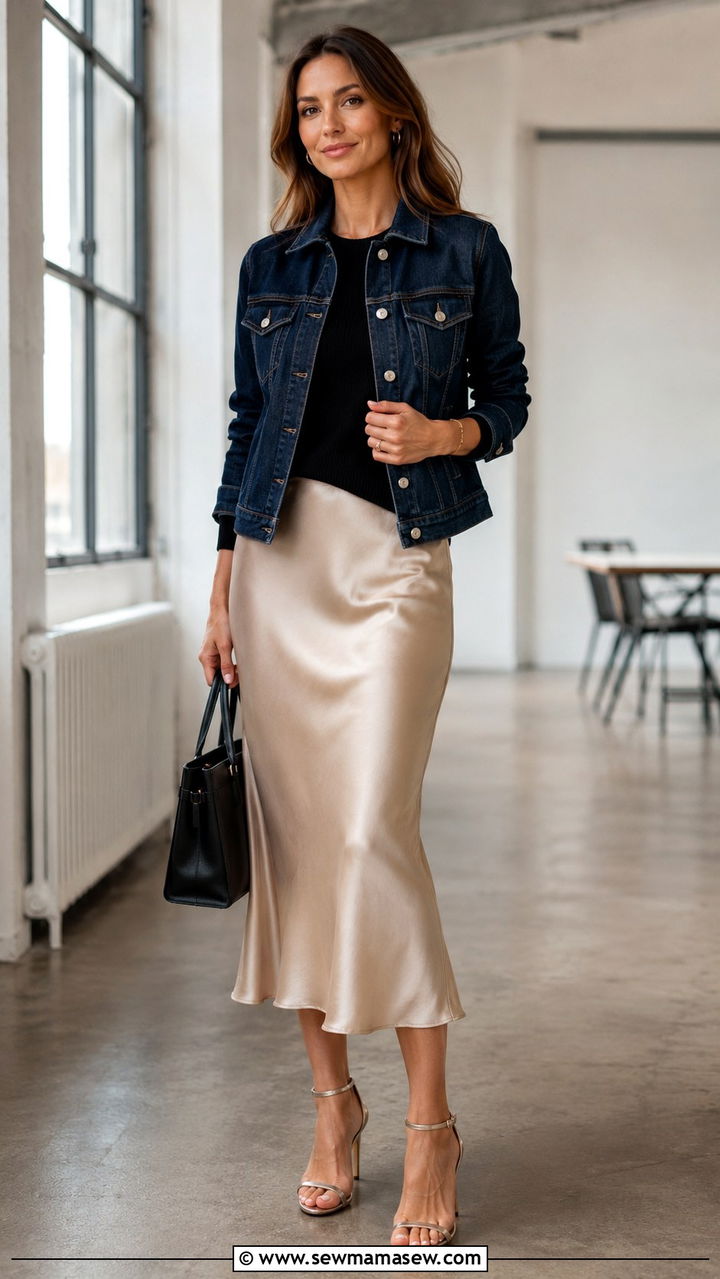 Denim jacket with a satin slip skirt for a smart casual office - 30 How to style a denim jacket for work