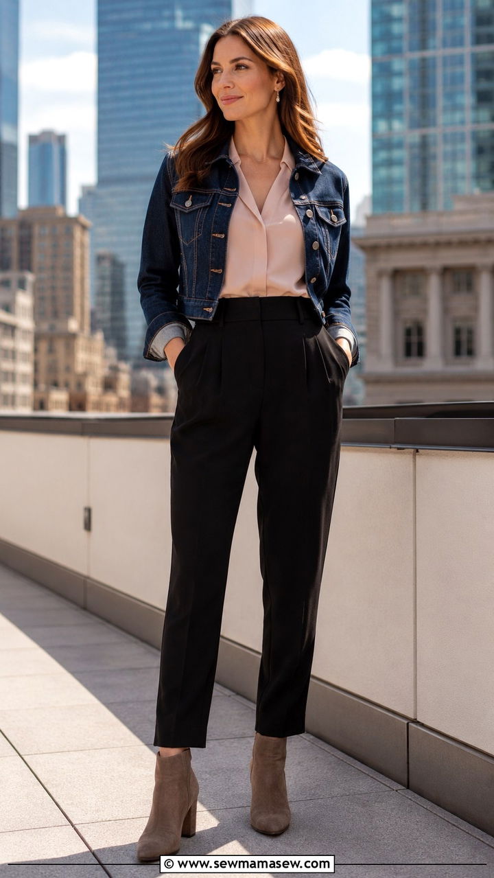 Denim jacket with a silk blouse and ankle boots - 30 How to style a denim jacket for work