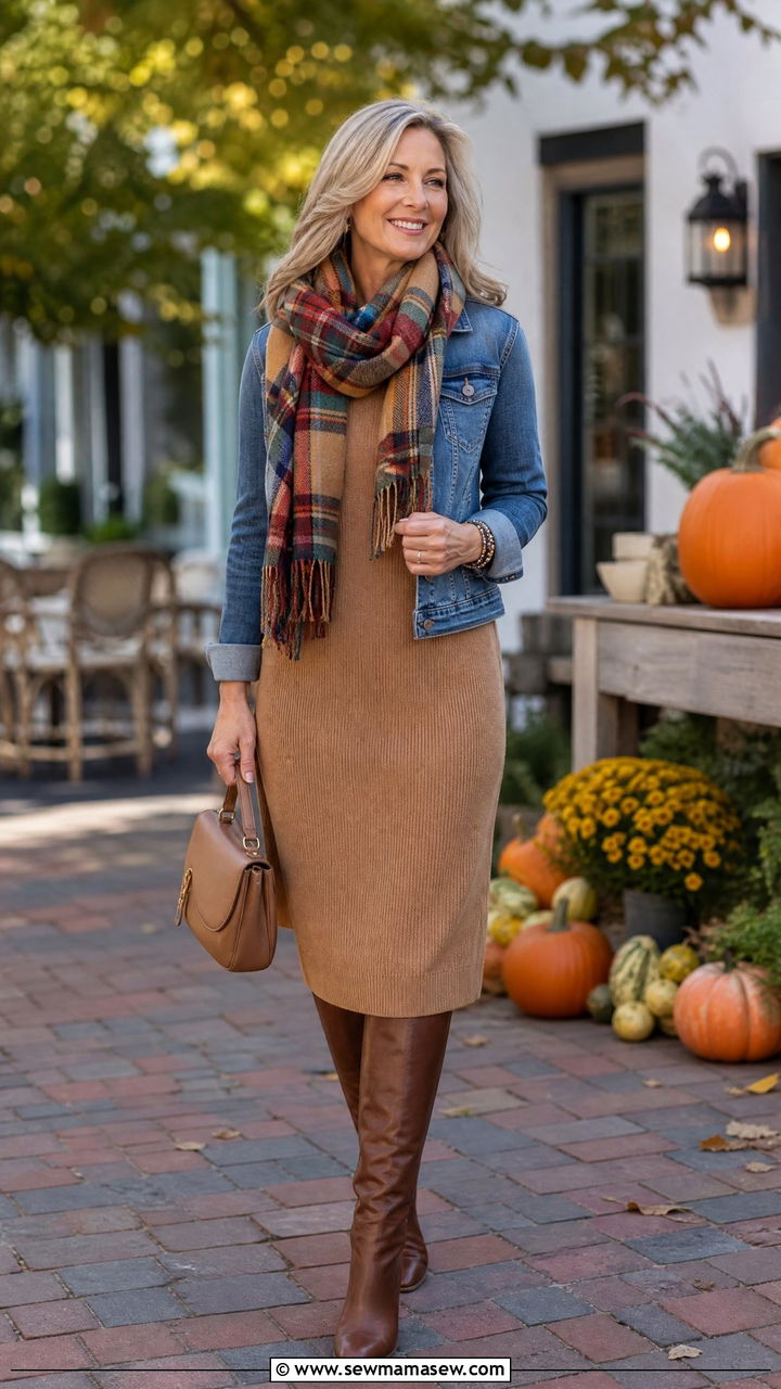Denim jacket with a sweater dress and boots - 25 How to style a denim jacket over 50