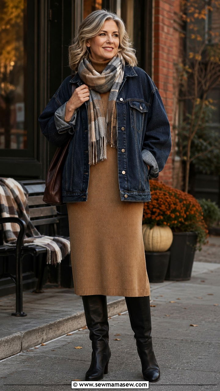 Denim jacket with a sweater dress outfit - 30 How to style a denim jacket over 40