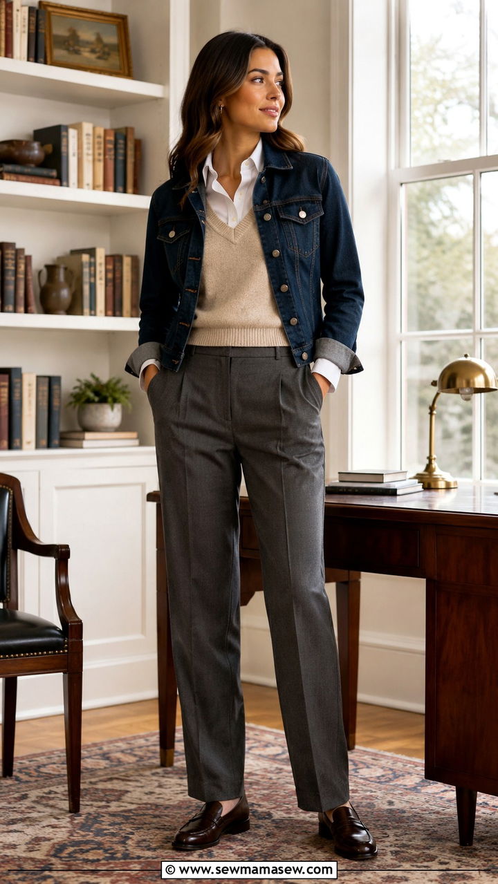 Denim jacket with a sweater vest and tailored trousers - 30 How to style a denim jacket for work
