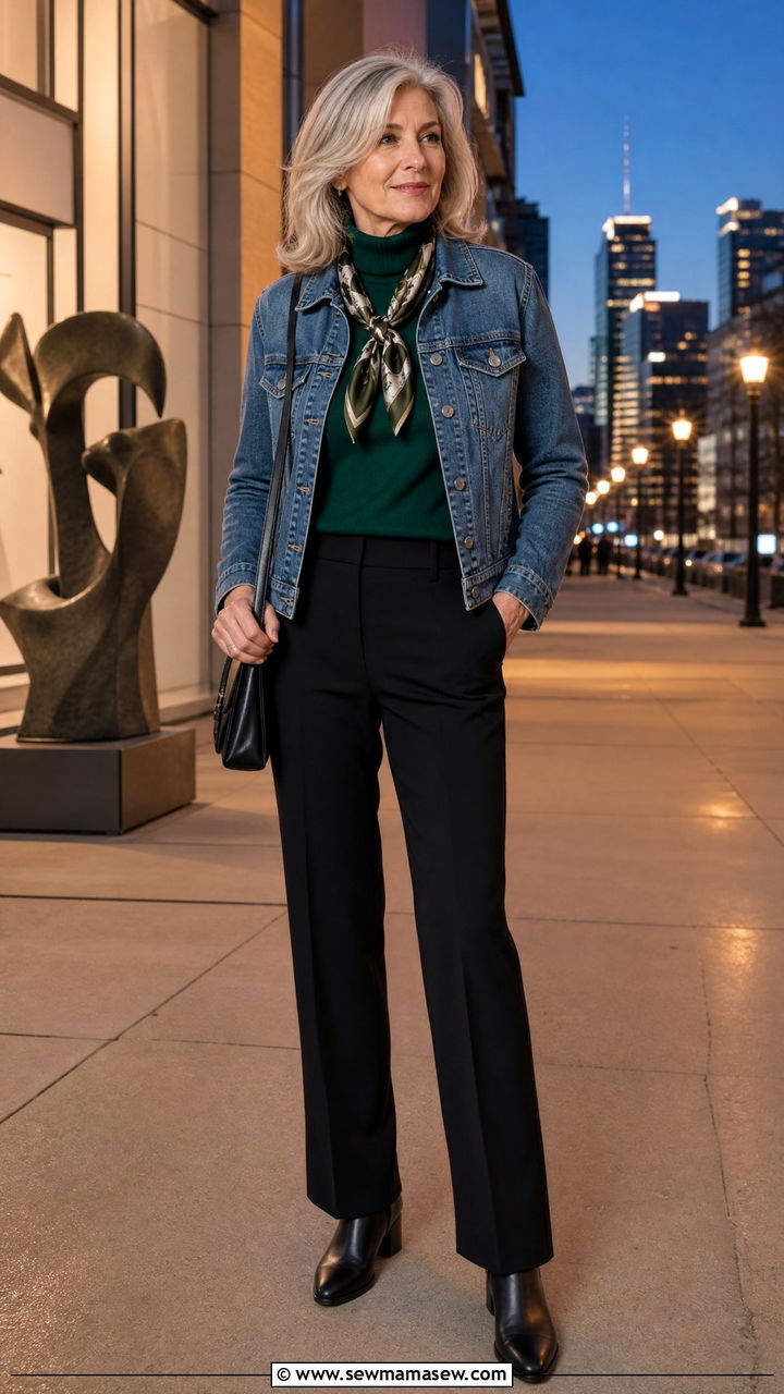 Denim jacket with a turtleneck and dark trousers - 25 How to style a denim jacket over 50