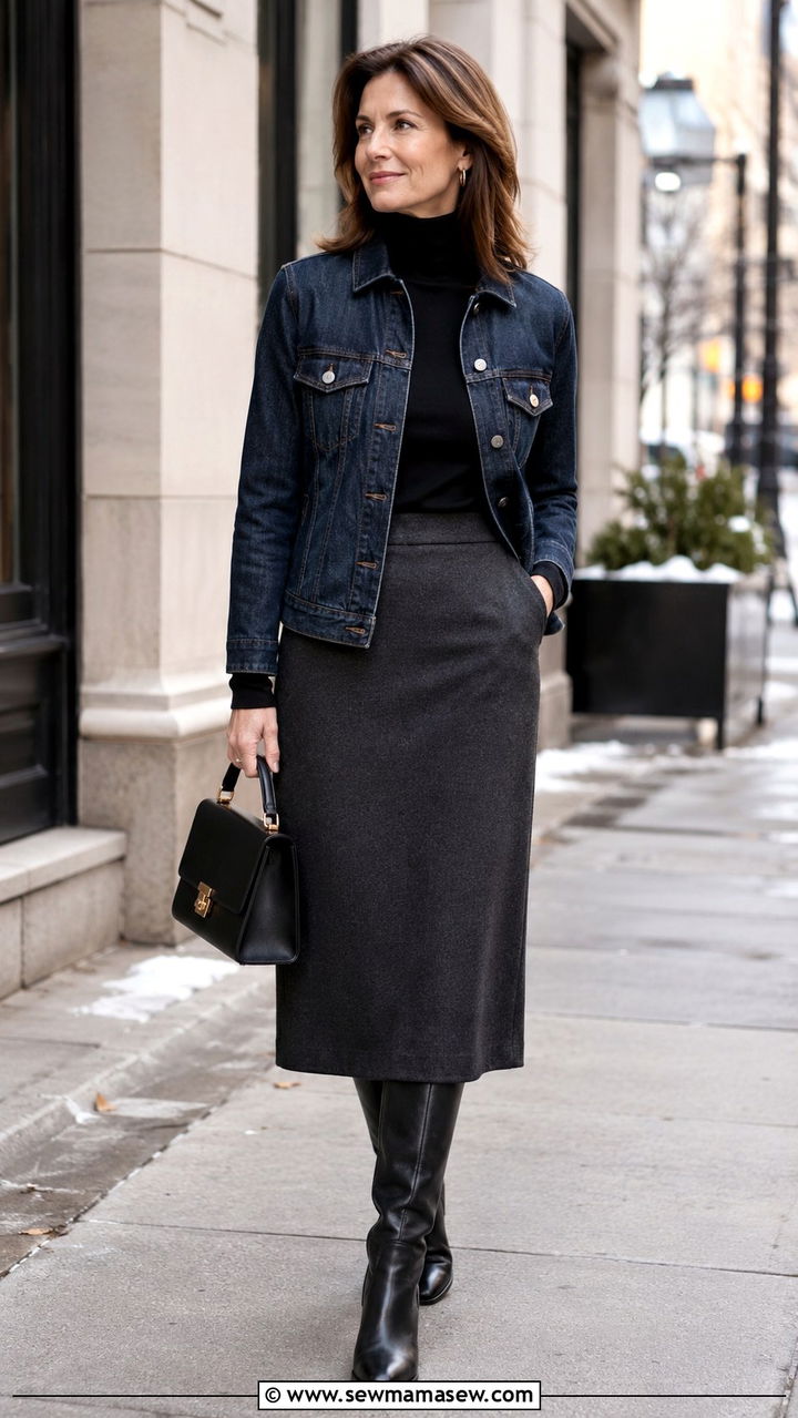 Denim jacket with a turtleneck and skirt outfit - 30 How to style a denim jacket over 40