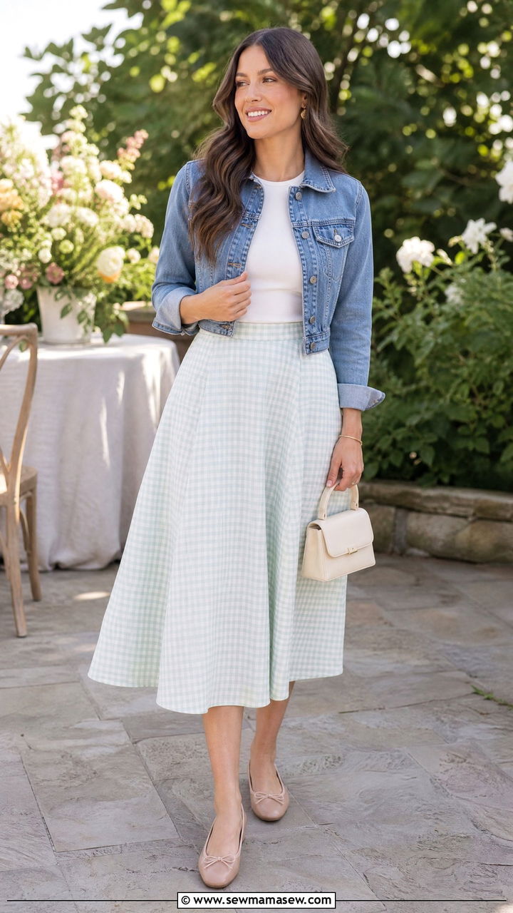 Denim jacket with an A line midi skirt outfit - 35 How to style a denim jacket in spring