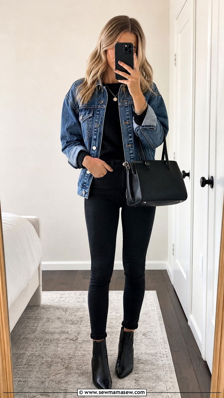 Denim jacket with an all black outfit - 35 How to style a denim jacket in spring