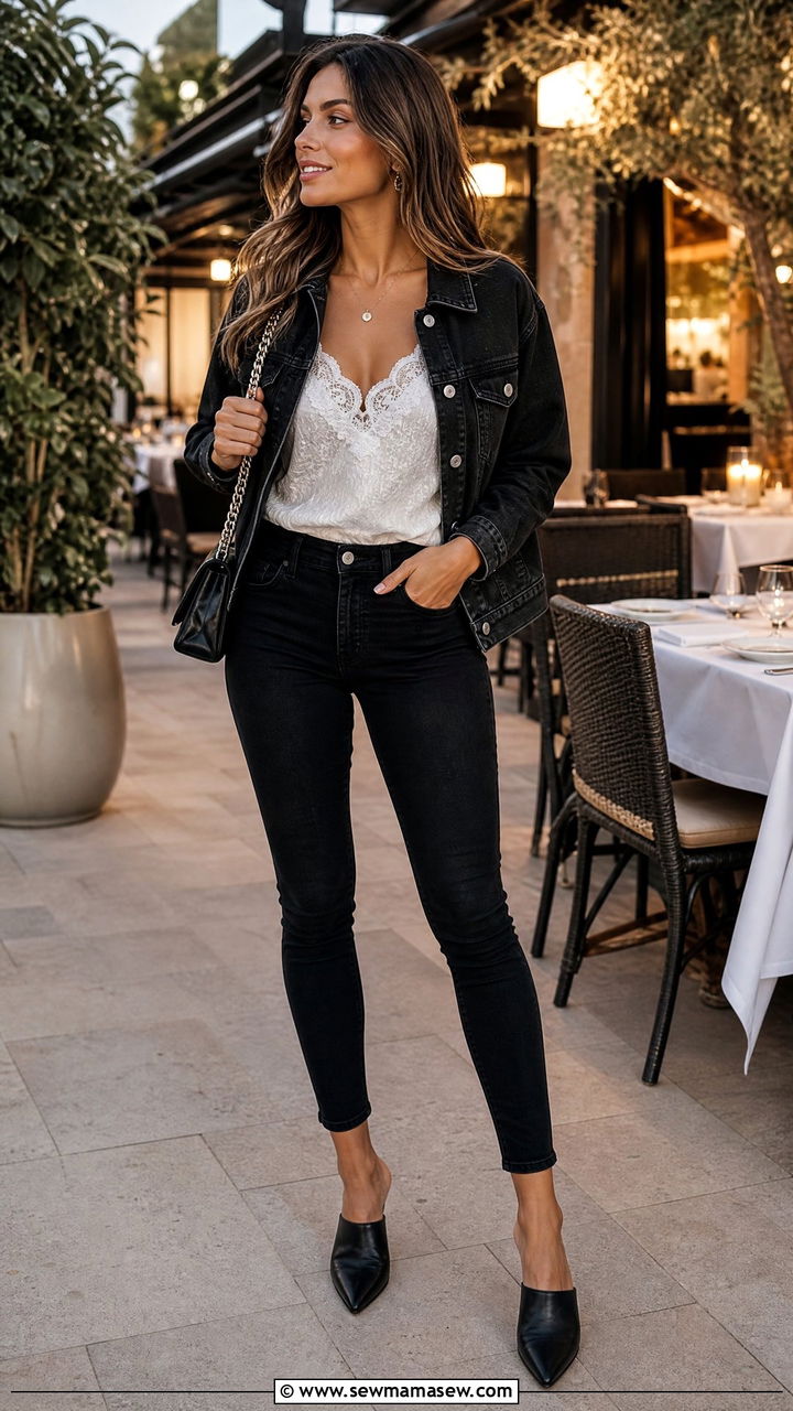 Denim jacket with black jeans and lace camisole - 35 How to style a denim jacket in summer