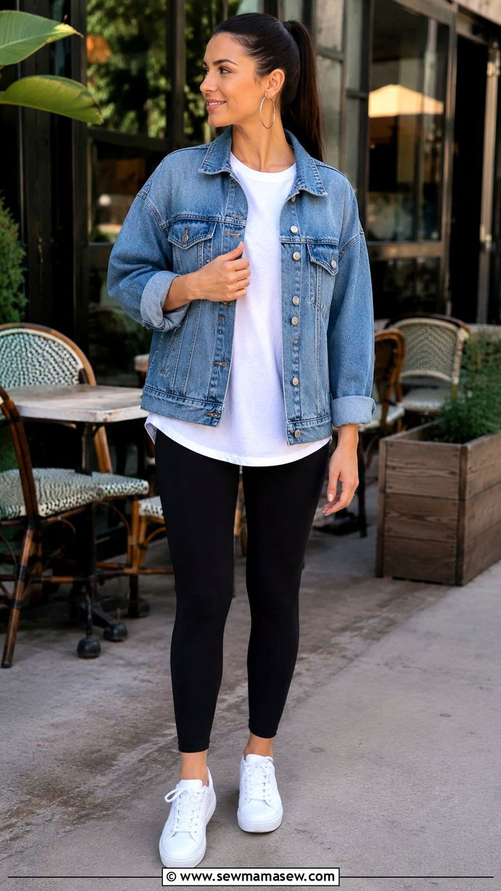 Denim jacket with black leggings and oversized tee - 30 Spring outfits with denim jackets