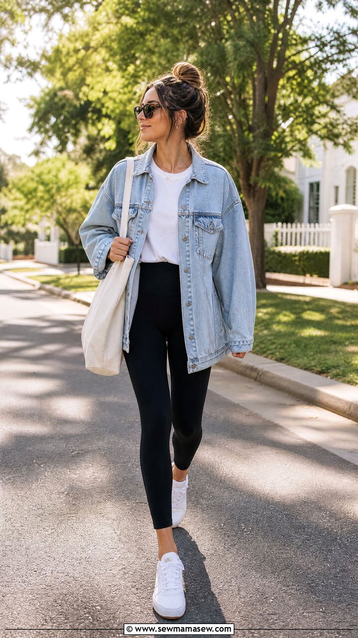 Denim jacket with black leggings and white sneakers - 30 classy sporty chic outfits