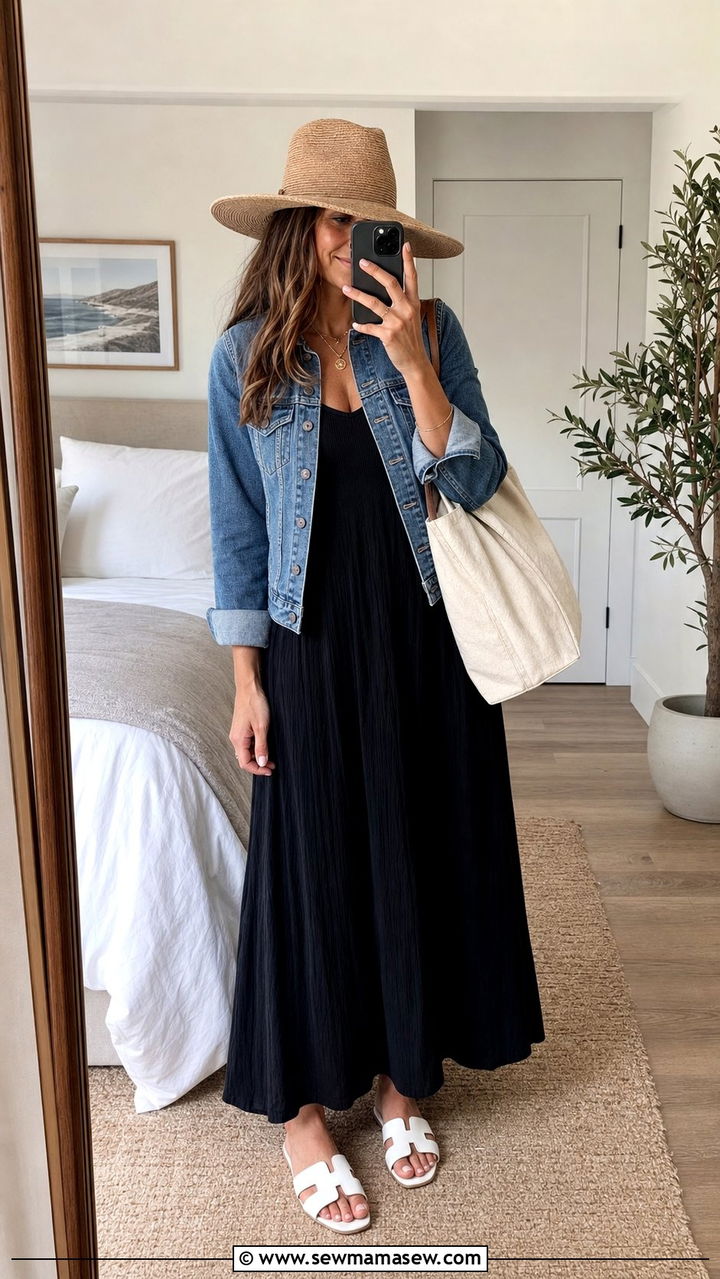 Denim jacket with black maxi dress outfit - 25 spring outfits 2026 women Pinterest