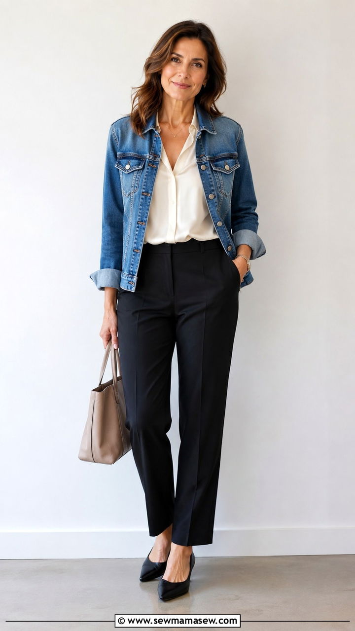 Denim jacket with black pants outfit - 30 How to style a denim jacket over 40